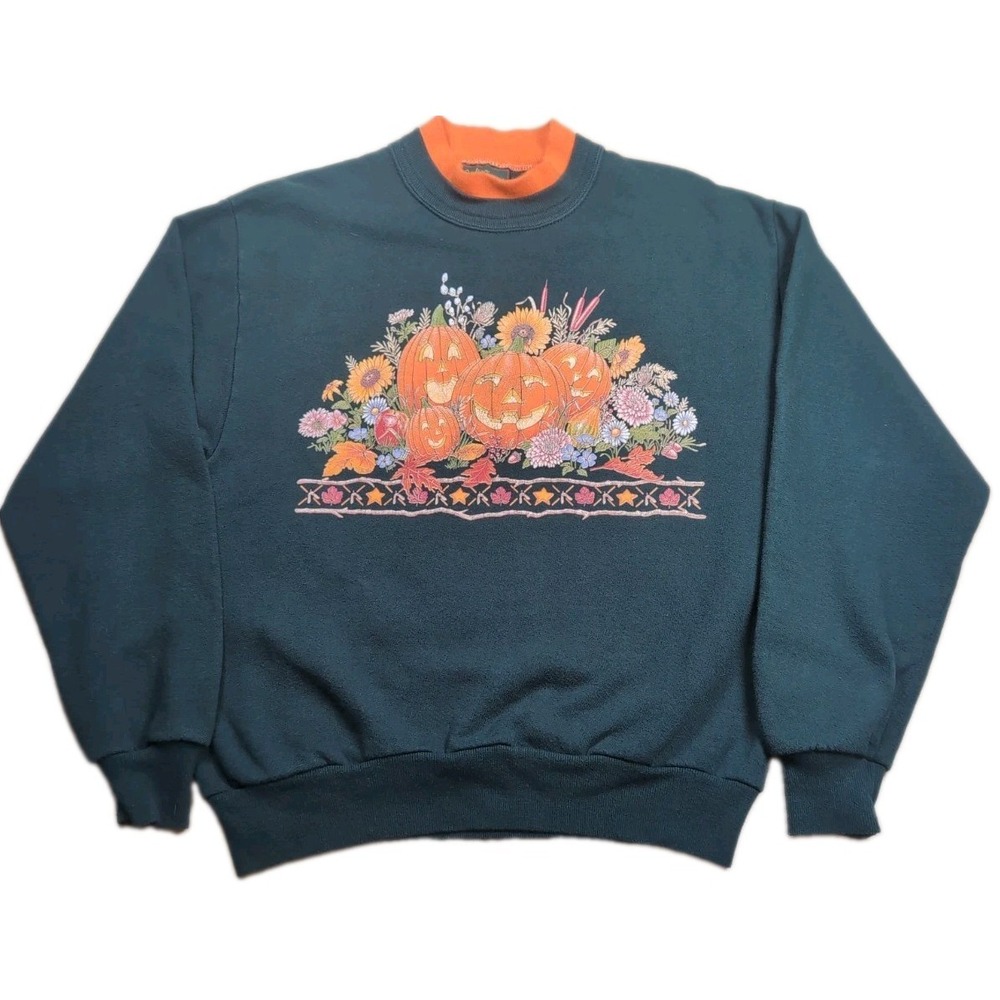 Vintage 90s Calico Harbor Jerzees Sweatshirt M Fall Pumpkin Harvest USA